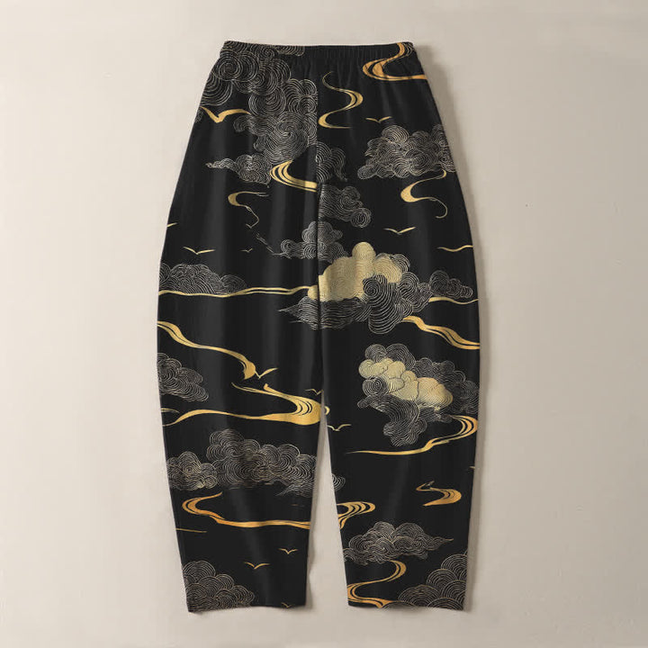 Buddha Stones Herrenhose aus reiner Baumwolle mit goldenem Wolken-Wellenmuster, Kordelzug, schmal zulaufendem Schnitt und Taschen - image 3