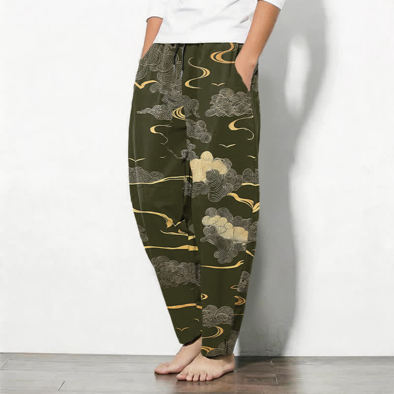 Buddha Stones Herrenhose aus reiner Baumwolle mit goldenem Wolken-Wellenmuster, Kordelzug, schmal zulaufendem Schnitt und Taschen - image 8
