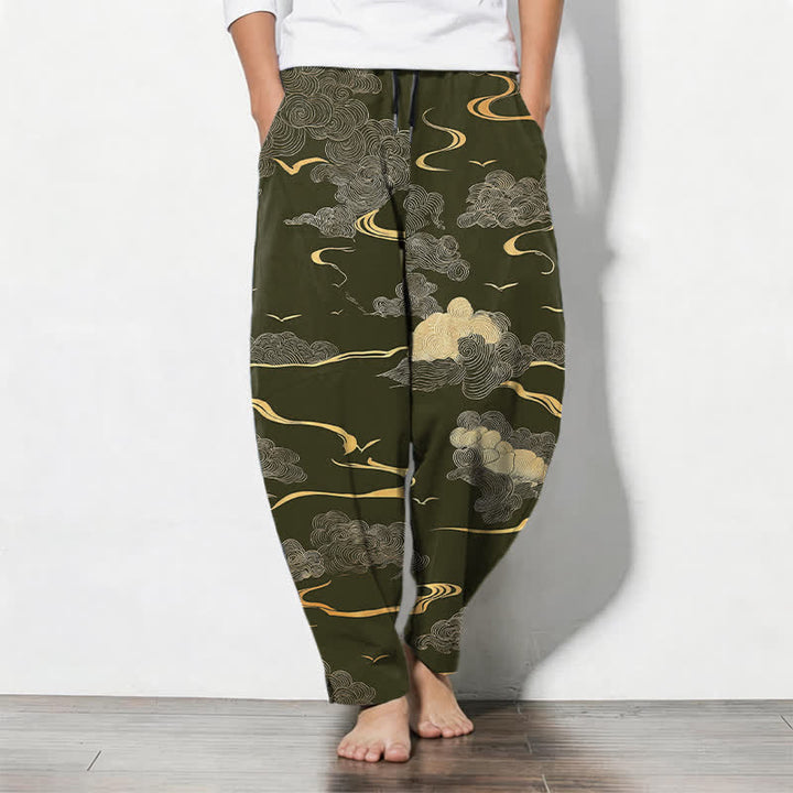Buddha Stones Herrenhose aus reiner Baumwolle mit goldenem Wolken-Wellenmuster, Kordelzug, schmal zulaufendem Schnitt und Taschen - Dunkelolivgrün - US/ UK/AU50, EU60 (5XL) - image 7