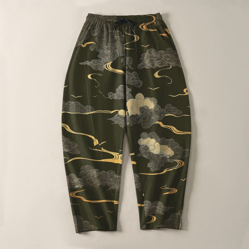 Buddha Stones Herrenhose aus reiner Baumwolle mit goldenem Wolken-Wellenmuster, Kordelzug, schmal zulaufendem Schnitt und Taschen - image 9