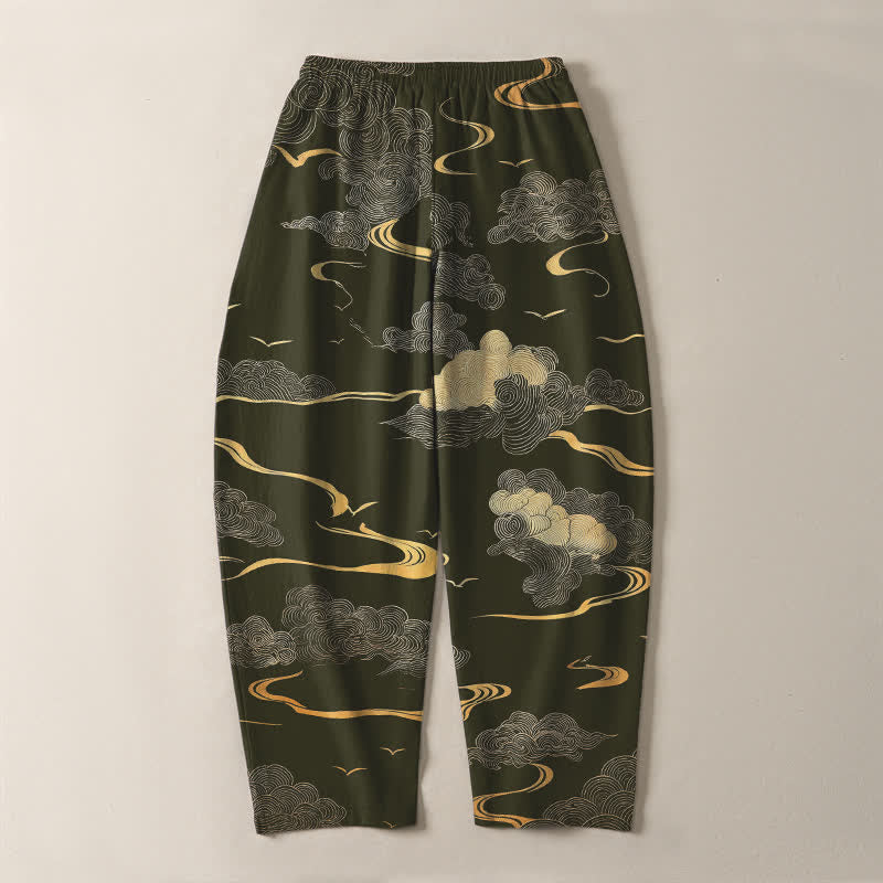 Buddha Stones Herrenhose aus reiner Baumwolle mit goldenem Wolken-Wellenmuster, Kordelzug, schmal zulaufendem Schnitt und Taschen - image 10
