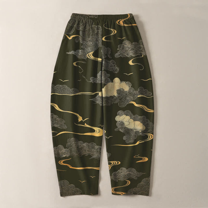Buddha Stones Herrenhose aus reiner Baumwolle mit goldenem Wolken-Wellenmuster, Kordelzug, schmal zulaufendem Schnitt und Taschen - image 10