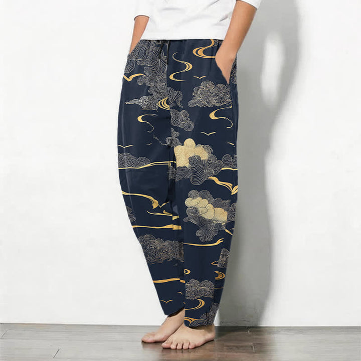 Buddha Stones Herrenhose aus reiner Baumwolle mit goldenem Wolken-Wellenmuster, Kordelzug, schmal zulaufendem Schnitt und Taschen - image 12