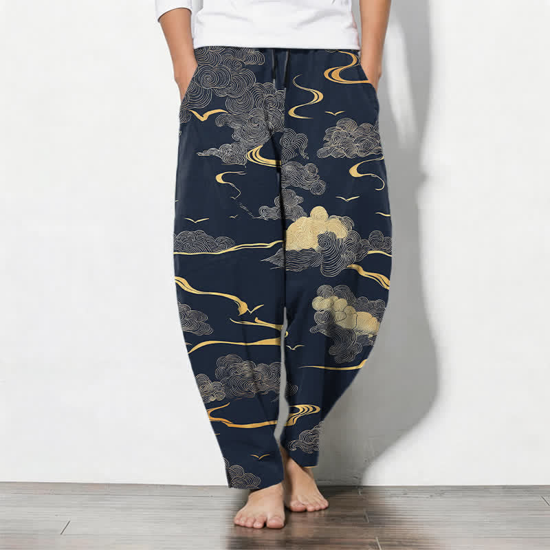 Buddha Stones Herrenhose aus reiner Baumwolle mit goldenem Wolken-Wellenmuster, Kordelzug, schmal zulaufendem Schnitt und Taschen - Marine - US/ UK/AU50, EU60 (5XL) - image 11