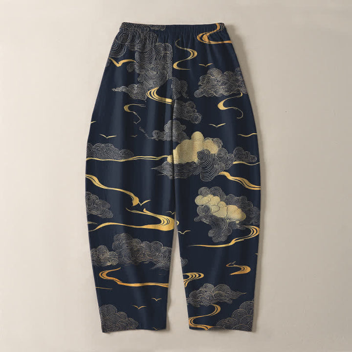Buddha Stones Herrenhose aus reiner Baumwolle mit goldenem Wolken-Wellenmuster, Kordelzug, schmal zulaufendem Schnitt und Taschen - image 14