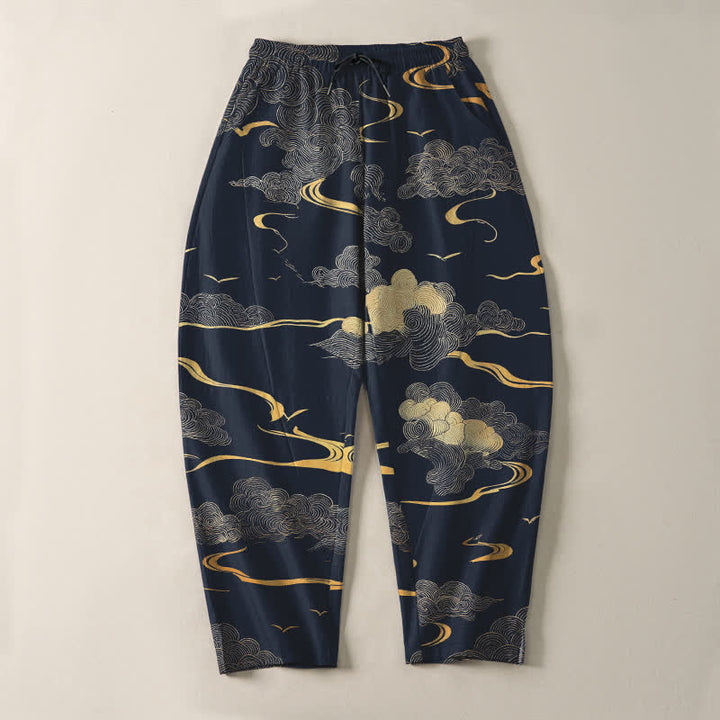 Buddha Stones Herrenhose aus reiner Baumwolle mit goldenem Wolken-Wellenmuster, Kordelzug, schmal zulaufendem Schnitt und Taschen - image 13