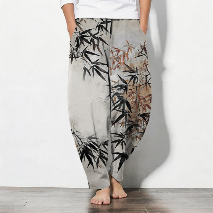 Buddha Stones Herrenhose aus reiner Baumwolle mit Bambusblattmuster, Kordelzug und Taschen - Gainsboro - US/ UK/AU50, EU60 (5XL) - image 0