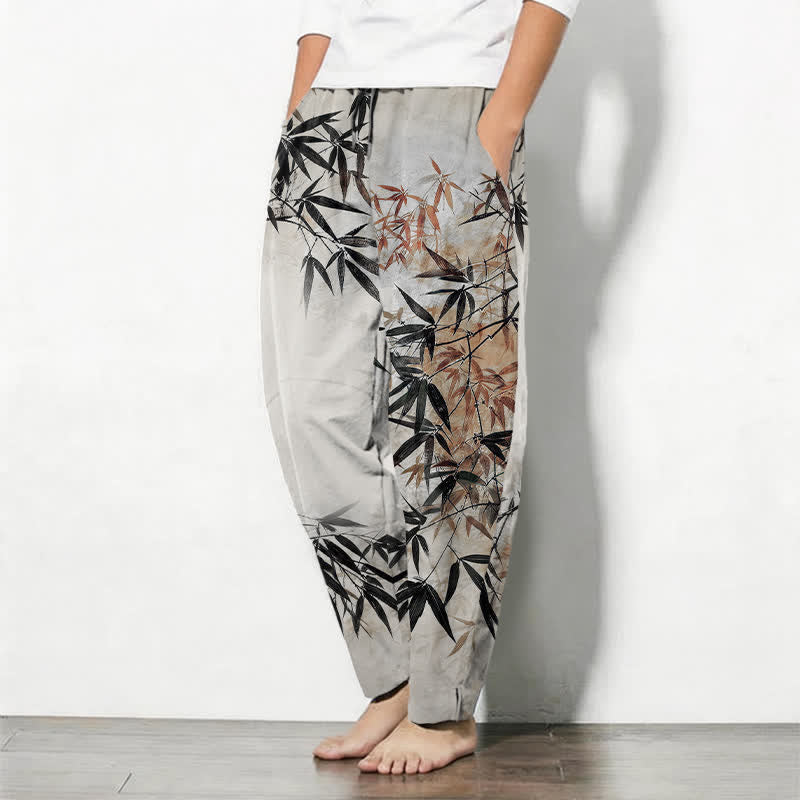 Buddha Stones Herrenhose aus reiner Baumwolle mit Bambusblattmuster, Kordelzug und Taschen - image 1