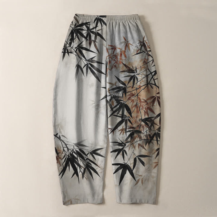 Buddha Stones Herrenhose aus reiner Baumwolle mit Bambusblattmuster, Kordelzug und Taschen - image 3