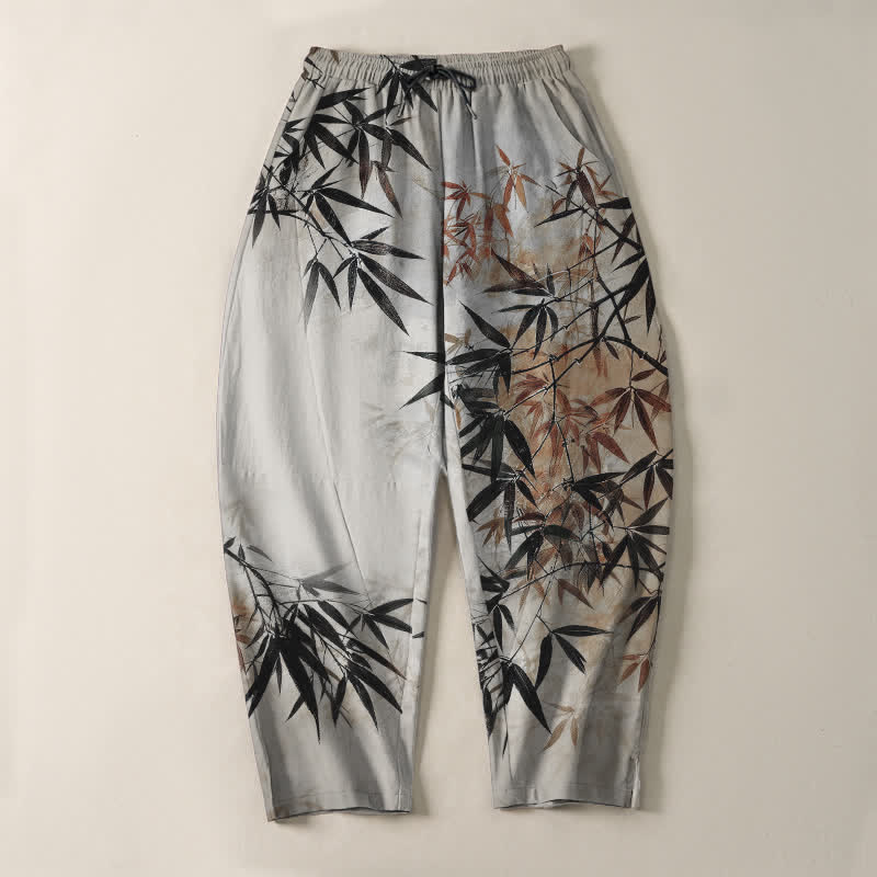Buddha Stones Herrenhose aus reiner Baumwolle mit Bambusblattmuster, Kordelzug und Taschen - image 2
