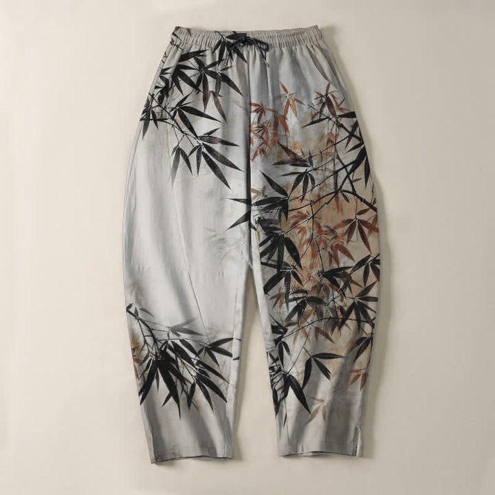 Buddha Stones Herrenhose aus reiner Baumwolle mit Bambusblattmuster, Kordelzug und Taschen - image 2