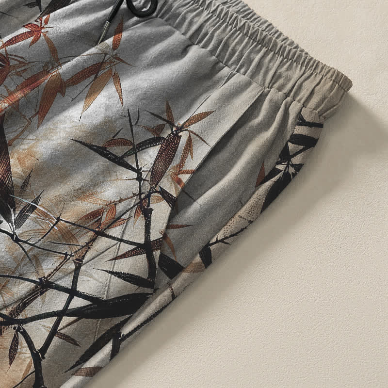 Buddha Stones Herrenhose aus reiner Baumwolle mit Bambusblattmuster, Kordelzug und Taschen - image 4