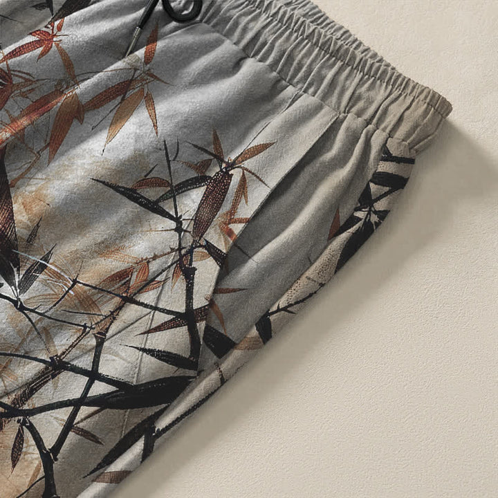Buddha Stones Herrenhose aus reiner Baumwolle mit Bambusblattmuster, Kordelzug und Taschen - image 4