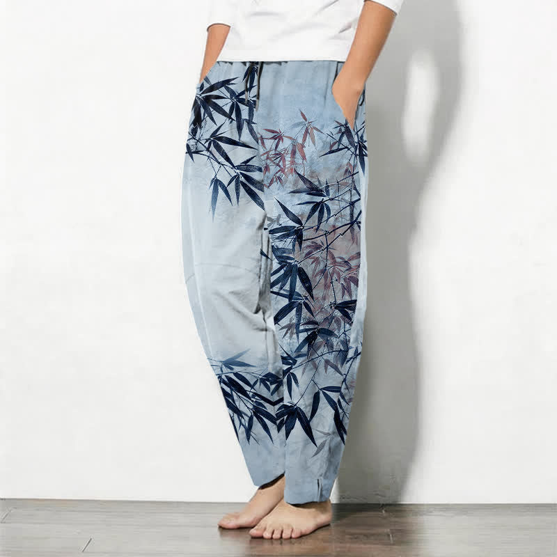 Buddha Stones Herrenhose aus reiner Baumwolle mit Bambusblattmuster, Kordelzug und Taschen - image 8