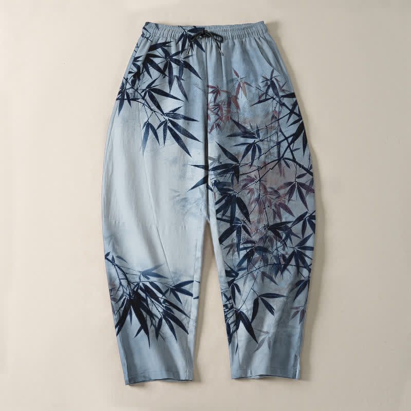 Buddha Stones Herrenhose aus reiner Baumwolle mit Bambusblattmuster, Kordelzug und Taschen - image 9