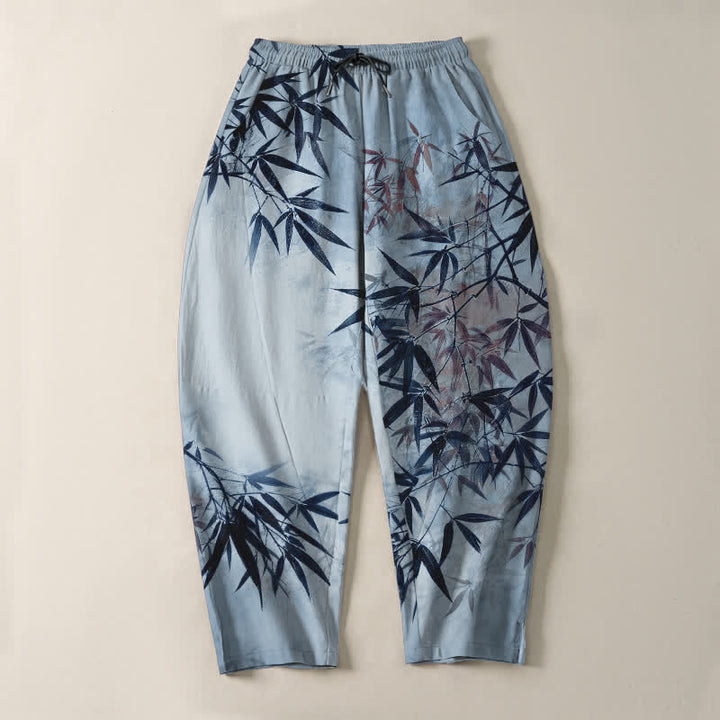 Buddha Stones Herrenhose aus reiner Baumwolle mit Bambusblattmuster, Kordelzug und Taschen - image 9