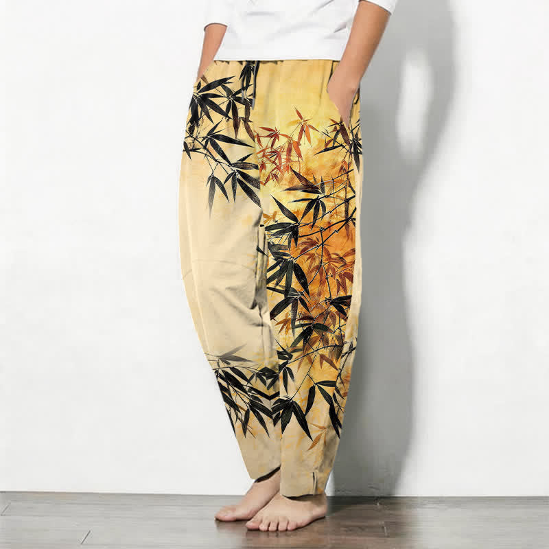 Buddha Stones Herrenhose aus reiner Baumwolle mit Bambusblattmuster, Kordelzug und Taschen - image 12