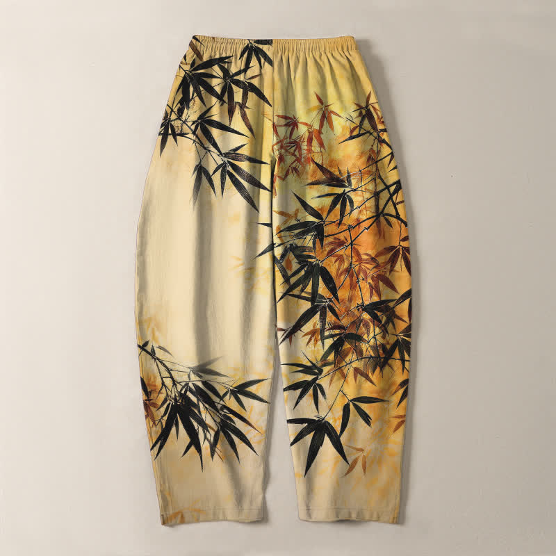 Buddha Stones Herrenhose aus reiner Baumwolle mit Bambusblattmuster, Kordelzug und Taschen - image 14