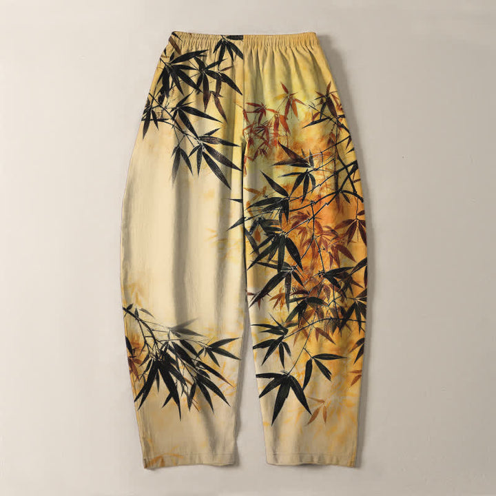 Buddha Stones Herrenhose aus reiner Baumwolle mit Bambusblattmuster, Kordelzug und Taschen - image 14