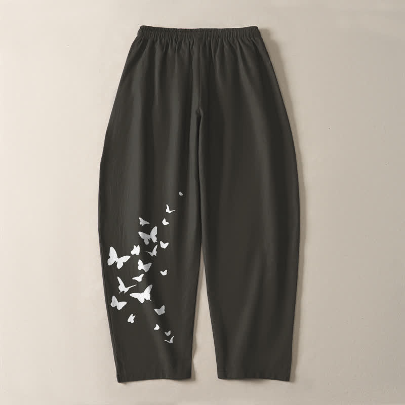 Buddha Stones Weiße Herrenhose aus reiner Baumwolle mit Schmetterlingsmuster, Kordelzug und Taschen - image 3