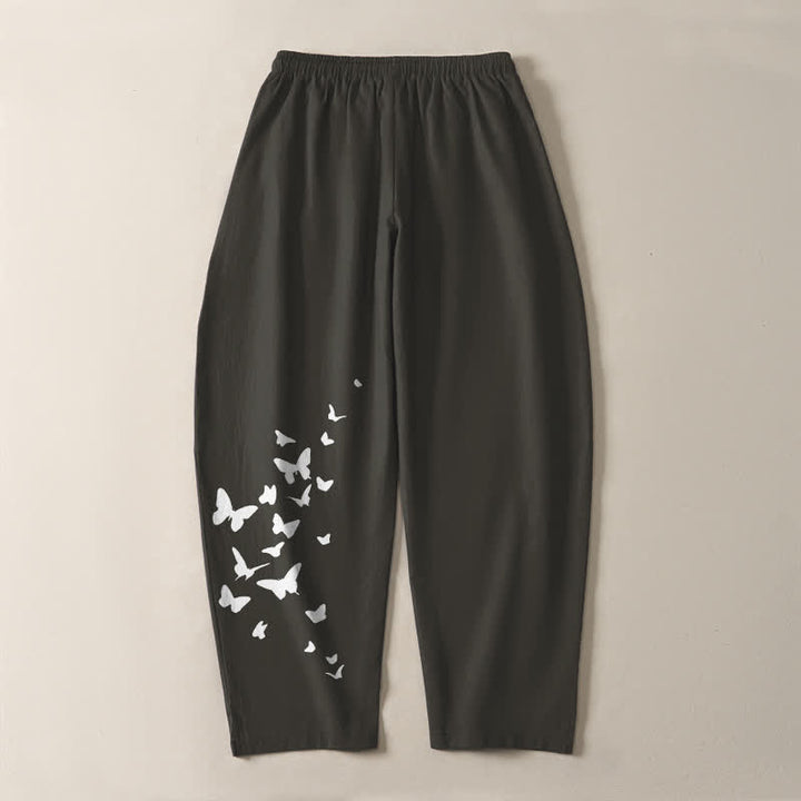 Buddha Stones Weiße Herrenhose aus reiner Baumwolle mit Schmetterlingsmuster, Kordelzug und Taschen - image 3