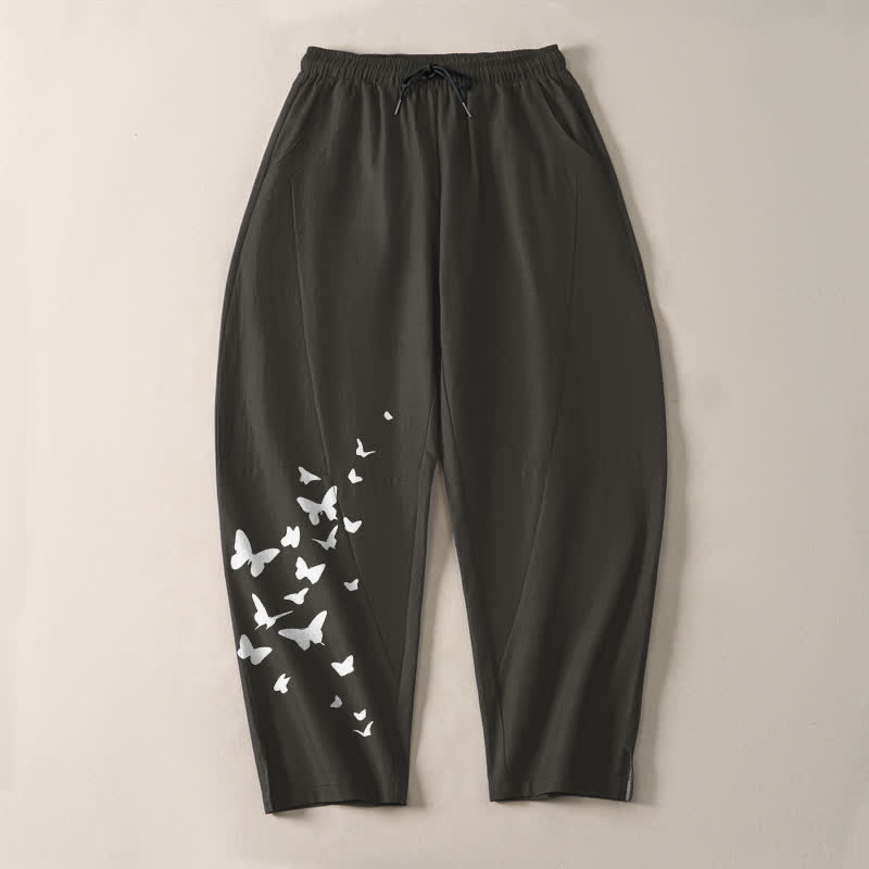Buddha Stones Weiße Herrenhose aus reiner Baumwolle mit Schmetterlingsmuster, Kordelzug und Taschen - image 2