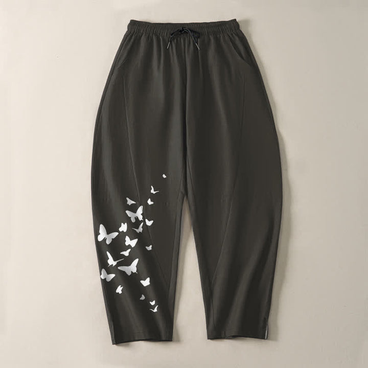 Buddha Stones Weiße Herrenhose aus reiner Baumwolle mit Schmetterlingsmuster, Kordelzug und Taschen - image 2