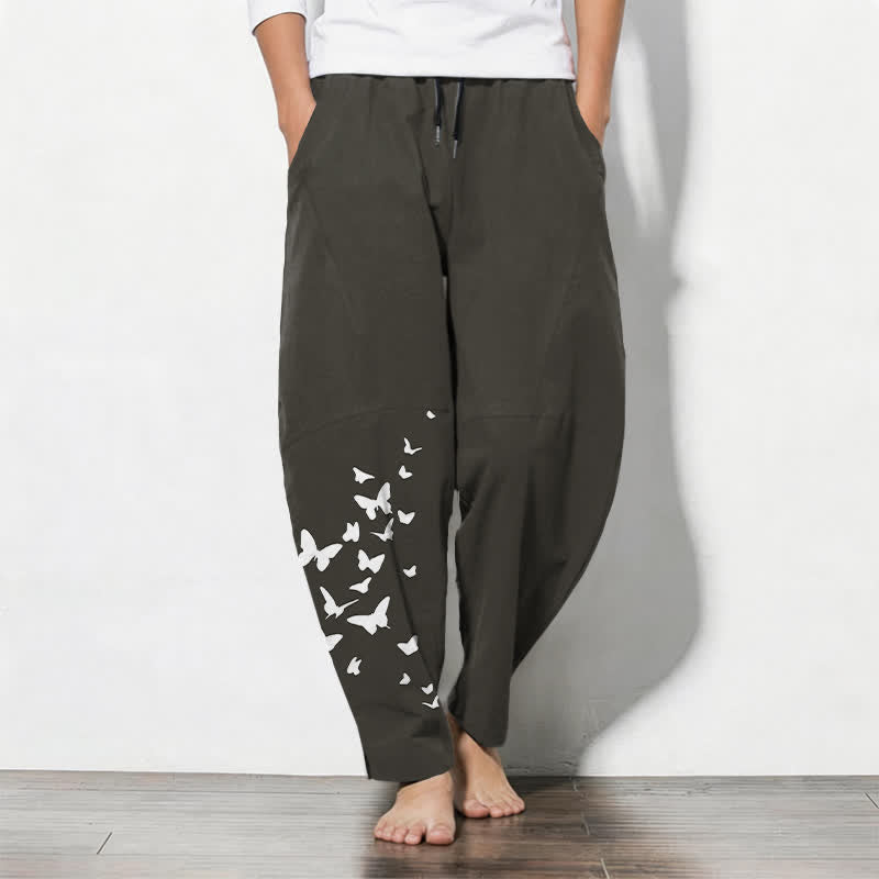 Buddha Stones Weiße Herrenhose aus reiner Baumwolle mit Schmetterlingsmuster, Kordelzug und Taschen - Schwarz - US/ UK/AU50, EU60 (5XL) - image 0