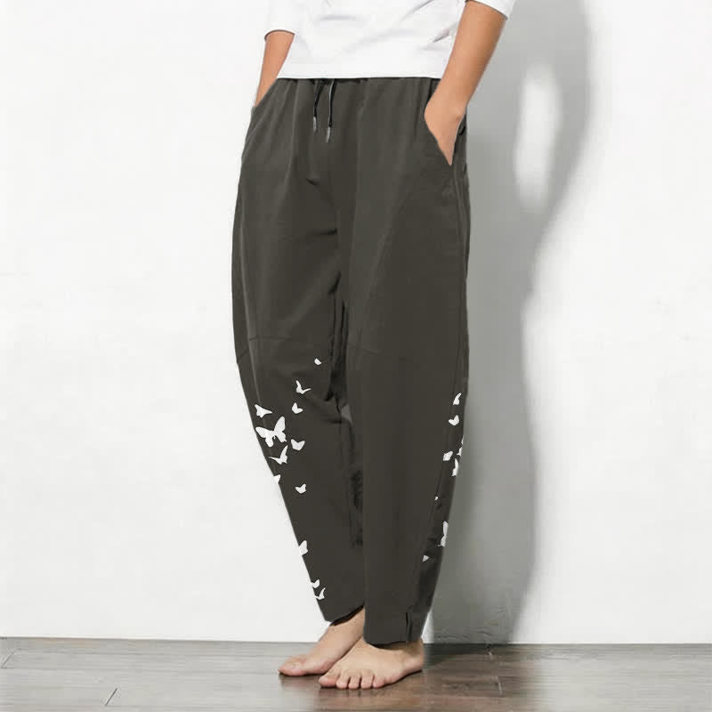 Buddha Stones Weiße Herrenhose aus reiner Baumwolle mit Schmetterlingsmuster, Kordelzug und Taschen - image 1