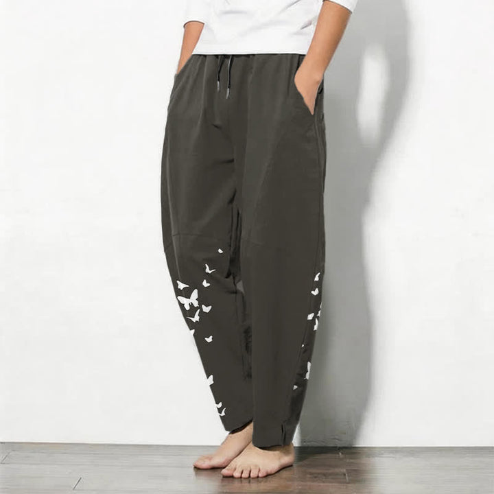 Buddha Stones Weiße Herrenhose aus reiner Baumwolle mit Schmetterlingsmuster, Kordelzug und Taschen - image 1