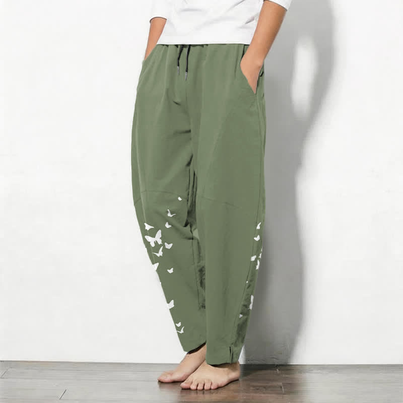 Buddha Stones Weiße Herrenhose aus reiner Baumwolle mit Schmetterlingsmuster, Kordelzug und Taschen - image 8