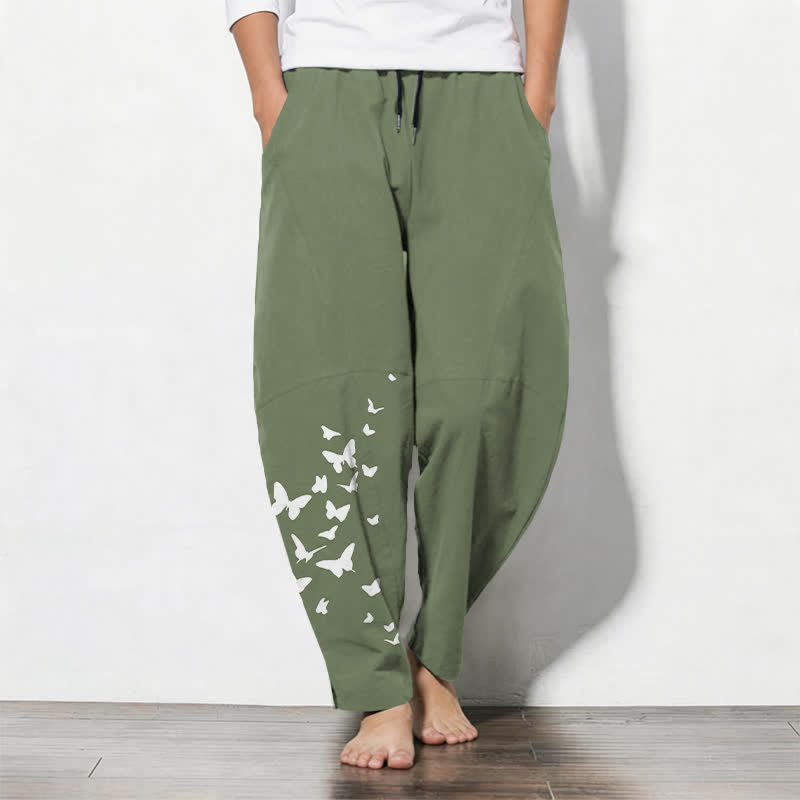 Buddha Stones Weiße Herrenhose aus reiner Baumwolle mit Schmetterlingsmuster, Kordelzug und Taschen - Olivgrün - US/ UK/AU50, EU60 (5XL) - image 7
