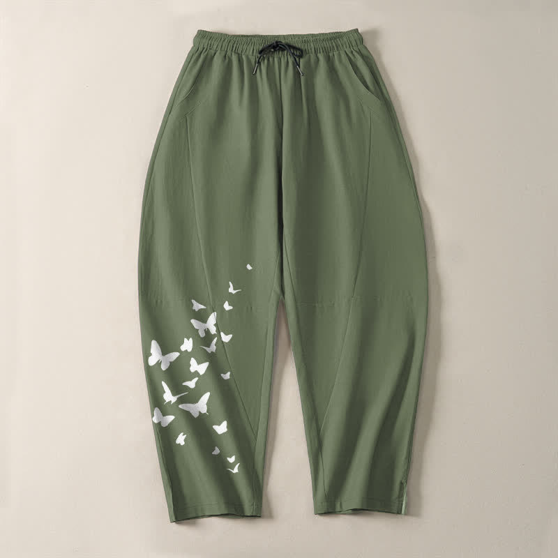 Buddha Stones Weiße Herrenhose aus reiner Baumwolle mit Schmetterlingsmuster, Kordelzug und Taschen - image 9