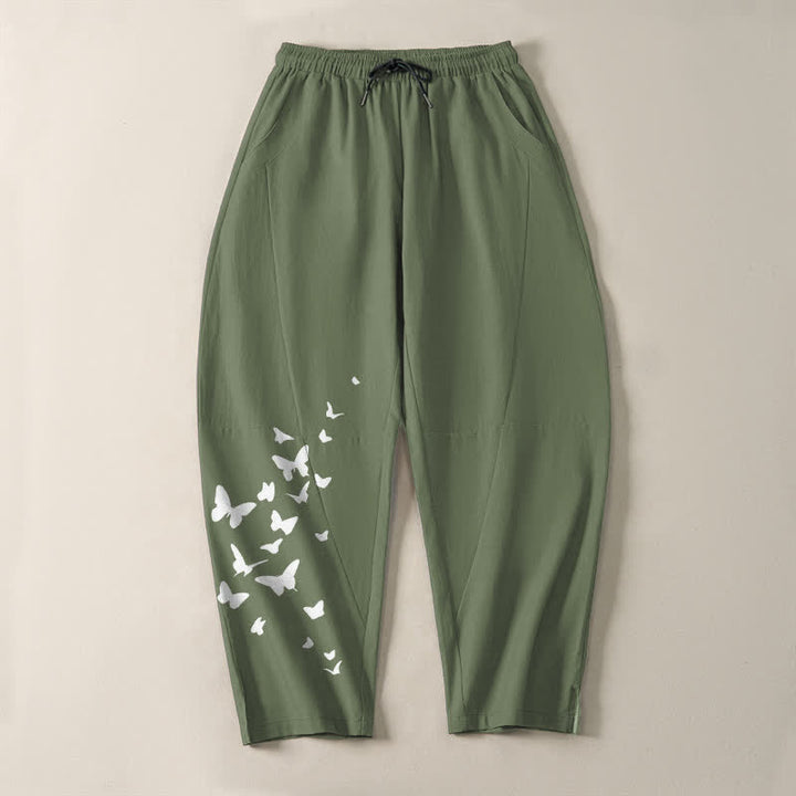 Buddha Stones Weiße Herrenhose aus reiner Baumwolle mit Schmetterlingsmuster, Kordelzug und Taschen - image 9