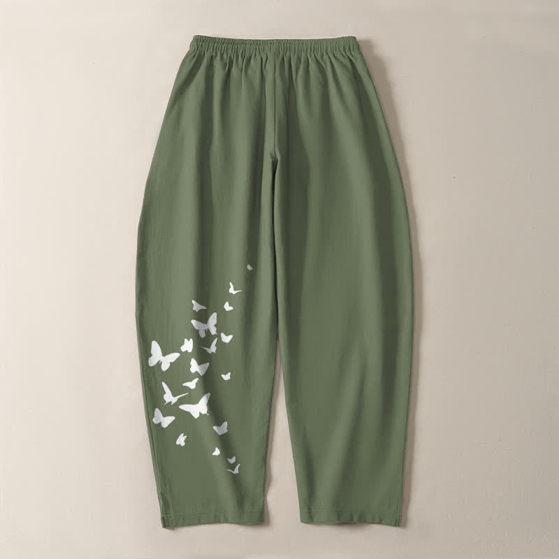 Buddha Stones Weiße Herrenhose aus reiner Baumwolle mit Schmetterlingsmuster, Kordelzug und Taschen - image 10