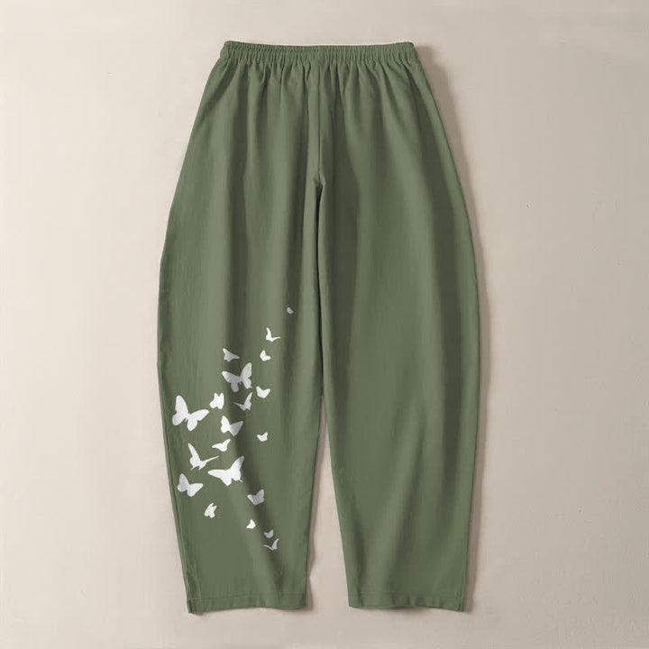 Buddha Stones Weiße Herrenhose aus reiner Baumwolle mit Schmetterlingsmuster, Kordelzug und Taschen - image 10