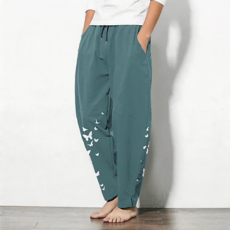 Buddha Stones Weiße Herrenhose aus reiner Baumwolle mit Schmetterlingsmuster, Kordelzug und Taschen - image 12