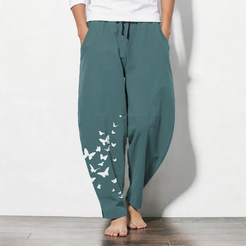 Buddha Stones Weiße Herrenhose aus reiner Baumwolle mit Schmetterlingsmuster, Kordelzug und Taschen - Kadettenblau - US/ UK/AU50, EU60 (5XL) - image 11