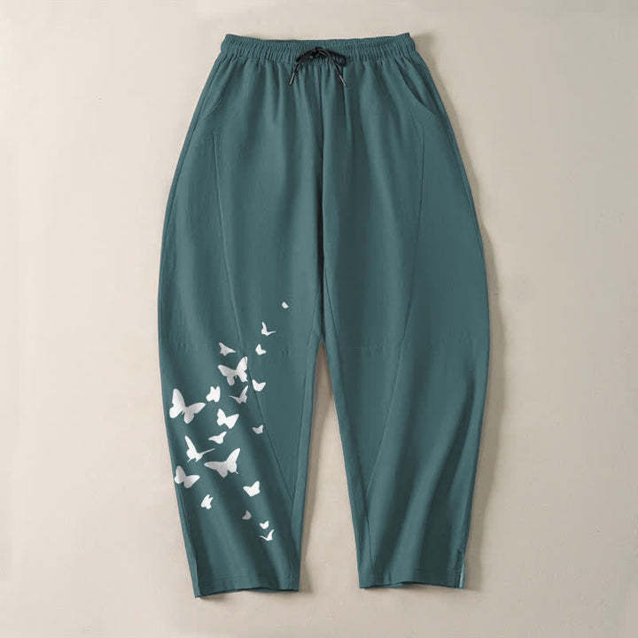 Buddha Stones Weiße Herrenhose aus reiner Baumwolle mit Schmetterlingsmuster, Kordelzug und Taschen - image 13