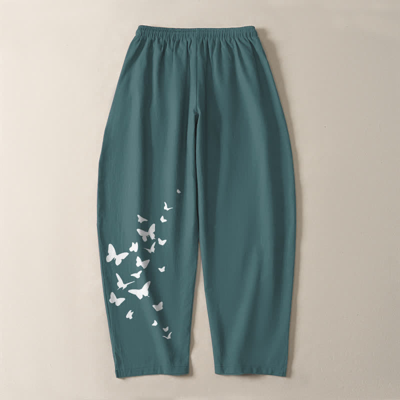 Buddha Stones Weiße Herrenhose aus reiner Baumwolle mit Schmetterlingsmuster, Kordelzug und Taschen - image 14