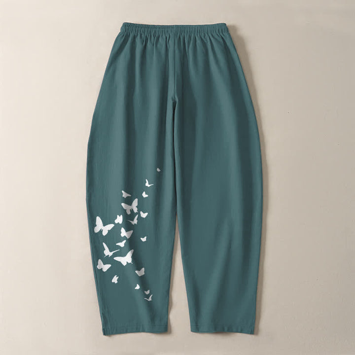 Buddha Stones Weiße Herrenhose aus reiner Baumwolle mit Schmetterlingsmuster, Kordelzug und Taschen - image 14