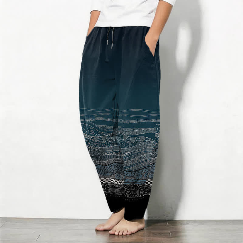 Buddha Stones Herrenhose aus reiner Baumwolle mit Tribal-Wellenmuster, Kordelzug, schmal zulaufendem Schnitt und Taschen - image 1