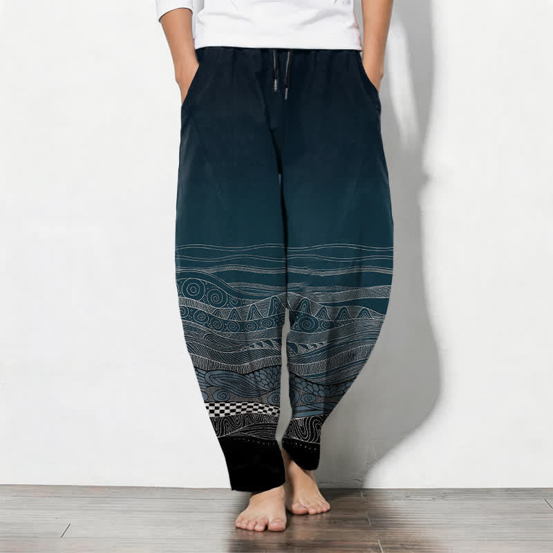 Buddha Stones Herrenhose aus reiner Baumwolle mit Tribal-Wellenmuster, Kordelzug, schmal zulaufendem Schnitt und Taschen - Türkis - US/ UK/AU50, EU60 (5XL) - image 0