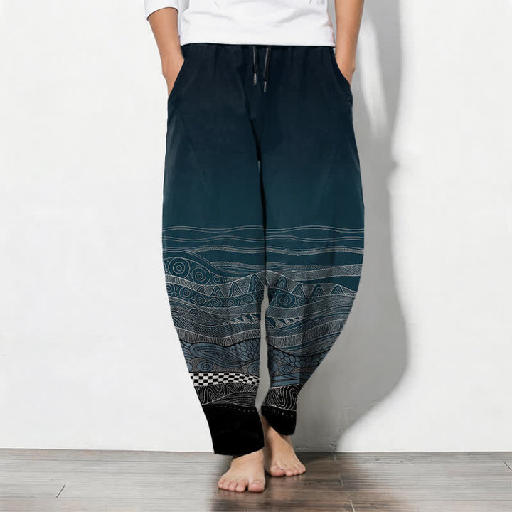 Buddha Stones Herrenhose aus reiner Baumwolle mit Tribal-Wellenmuster, Kordelzug, schmal zulaufendem Schnitt und Taschen - Türkis - US/ UK/AU50, EU60 (5XL) - image 0
