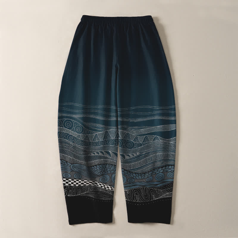 Buddha Stones Herrenhose aus reiner Baumwolle mit Tribal-Wellenmuster, Kordelzug, schmal zulaufendem Schnitt und Taschen - image 3