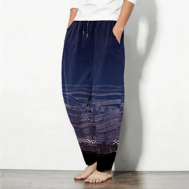 Buddha Stones Herrenhose aus reiner Baumwolle mit Tribal-Wellenmuster, Kordelzug, schmal zulaufendem Schnitt und Taschen - image 8