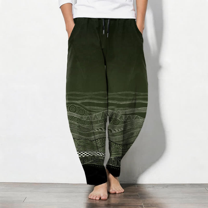 Buddha Stones Herrenhose aus reiner Baumwolle mit Tribal-Wellenmuster, Kordelzug, schmal zulaufendem Schnitt und Taschen - Dunkelolivgrün - US/ UK/AU50, EU60 (5XL) - image 11