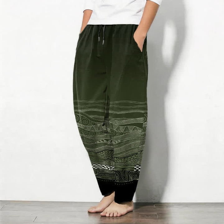 Buddha Stones Herrenhose aus reiner Baumwolle mit Tribal-Wellenmuster, Kordelzug, schmal zulaufendem Schnitt und Taschen - image 12
