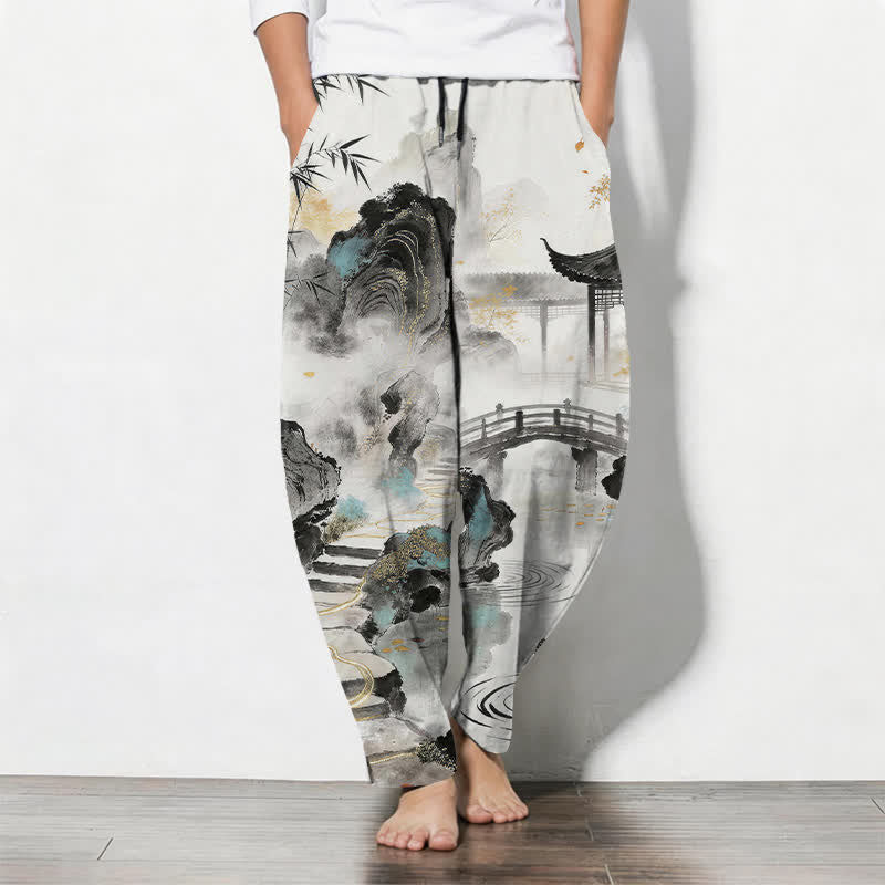 Buddha Stones Herrenhose aus reiner Baumwolle mit Bambus-Landschaftsmuster, Kordelzug und Taschen - Weiß - US/ UK/AU50, EU60 (5XL) - image 0
