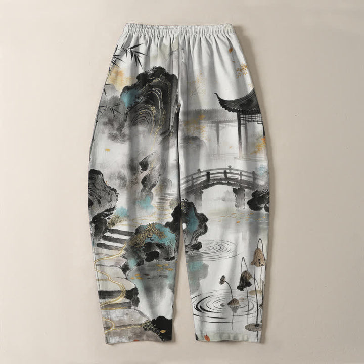 Buddha Stones Herrenhose aus reiner Baumwolle mit Bambus-Landschaftsmuster, Kordelzug und Taschen - image 3